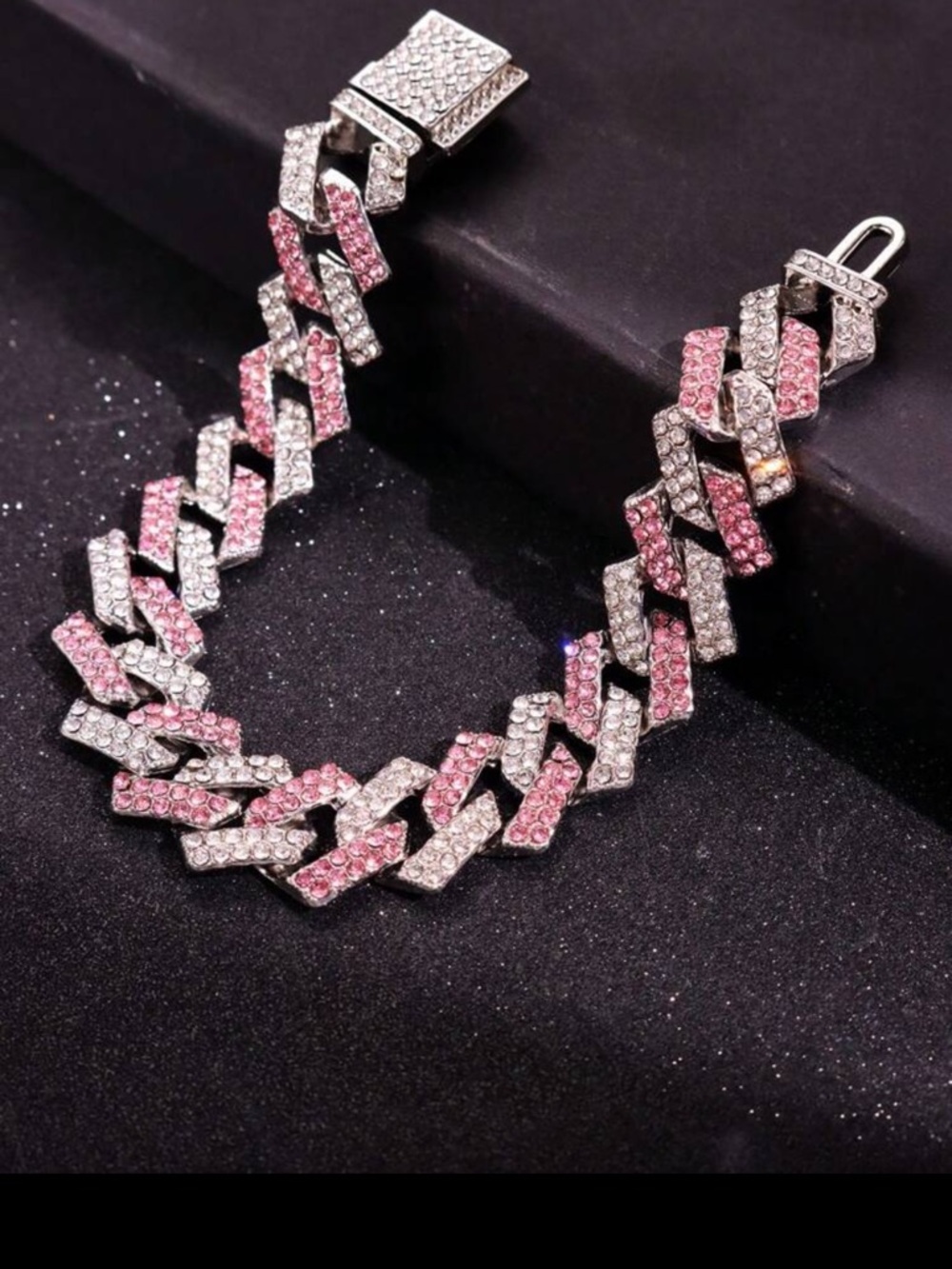 Sterling-Inspired Pink & Silver Pave Cuban Link Bracelet - Picture 3 of 6